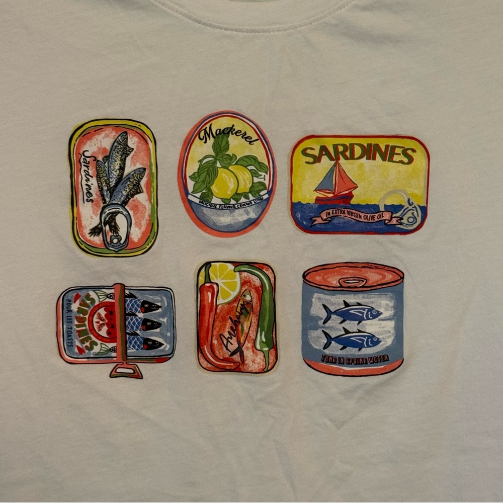 J. Crew Collector Tee White Graphic Tee with Colorful Sardine Can Prints - Picture 3 of 7